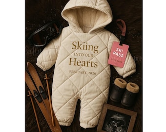 Ski Baby Announcement Template Holiday Pregnancy Reveal Editable Winter Baby Reveal New Baby Coming Soon snow Onesie Christmas Aspen lodge