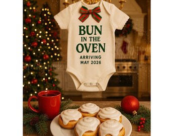 Bun in the oven pregnancy Announcement Template Holiday Pregnancy Reveal Editable Winter Baby Reveal New Baby Coming Soon Onesie Christmas