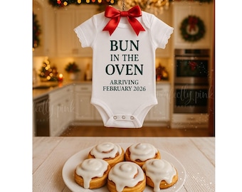 Bun in the oven pregnancy Announcement Template Holiday Pregnancy Reveal Editable Winter Baby Reveal New Baby Coming Soon Onesie Christmas