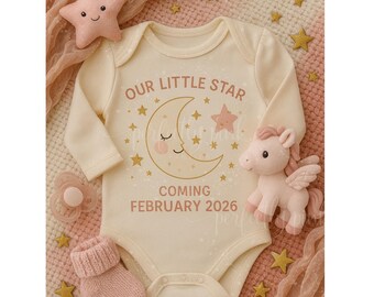 Celestial Baby Announcement Template Holiday Pregnancy Reveal Editable Winter Star Baby Reveal girl Baby Coming Soon Onesie pink Photo