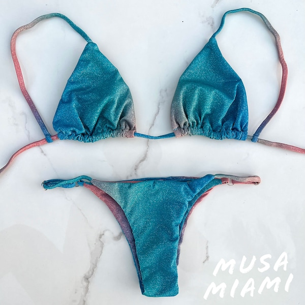 Mermaid Blue & Pink Glitter Brazilian Bikini / Swimwear / Summer / Vacation / Cute Swim / Fashion / Memorial Day Weekend / Brazil / Glitter