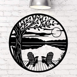 Lake Sunset Metal Wall Art: Tree, Dock, Chairs Scene