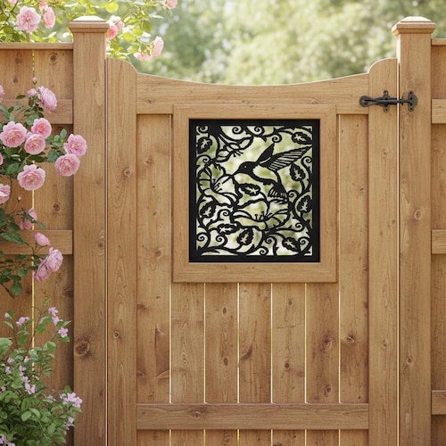 Pantalla de privacidad metálica con diseño de colibrí, inserto de acero cortado por CNC para puerta de jardín, panel decorativo para cerca, arte para exteriores, tamaños personalizados.
