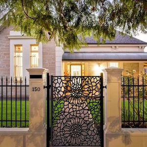 Artistic Metal Garden Gate / Sunflower Tree Design / Handcrafted Steel & Wood / Custom Yard Entrance
