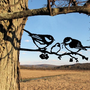 Steel Chickadee Family on Branch: Metal Bird Yard Art