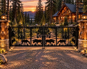 May include: A black metal driveway gate featuring a laser-cut silhouette design of a dense forest with multiple moose figures. The gate is mounted between two thick, vertical log posts topped with square lanterns, set against a sunset backdrop.