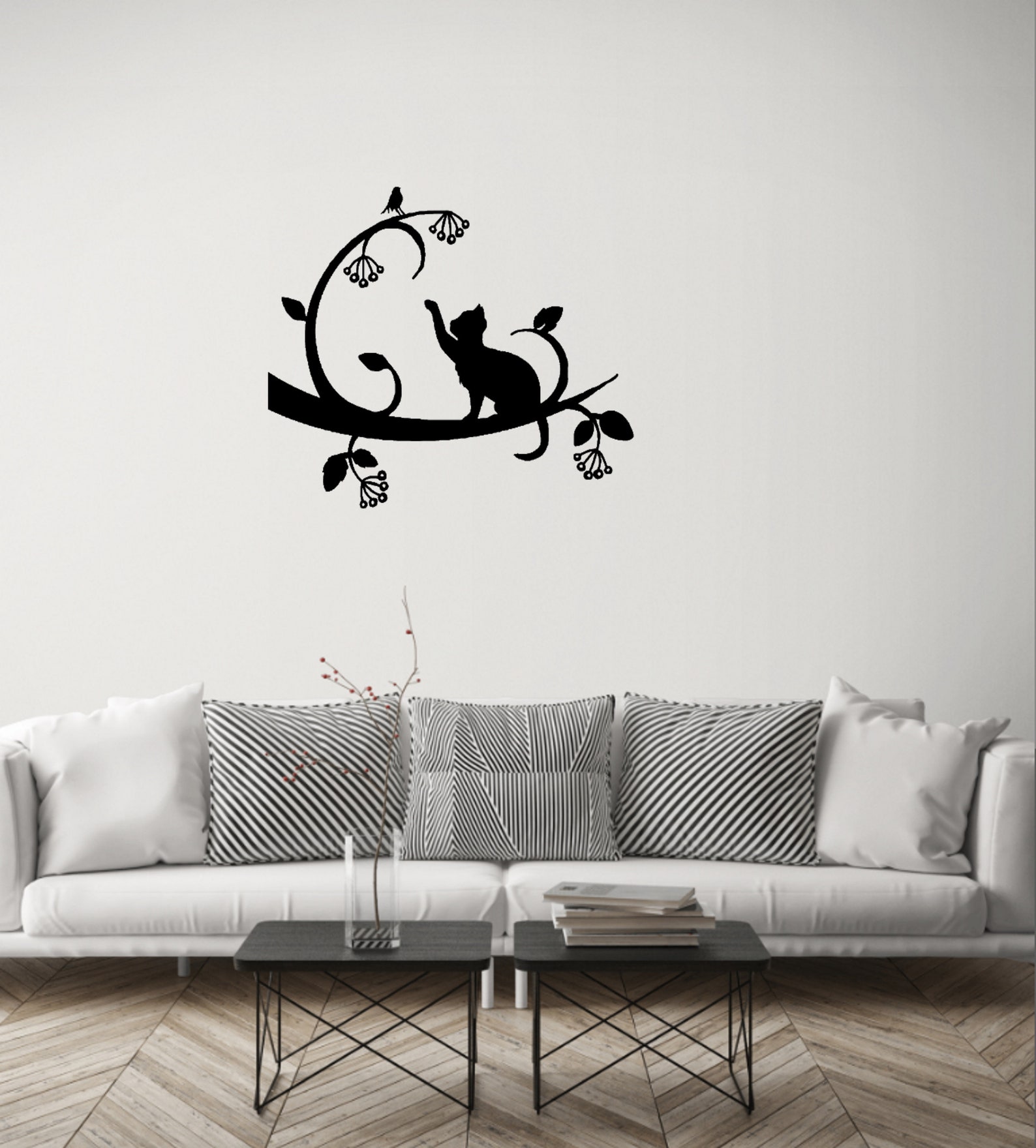 Cats wall metal art with cats trees and birds. Etsy