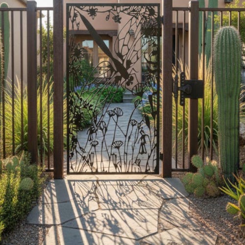 Dragonfly Custom Plasma Cut Metal Gate - Decorative Steel Garden