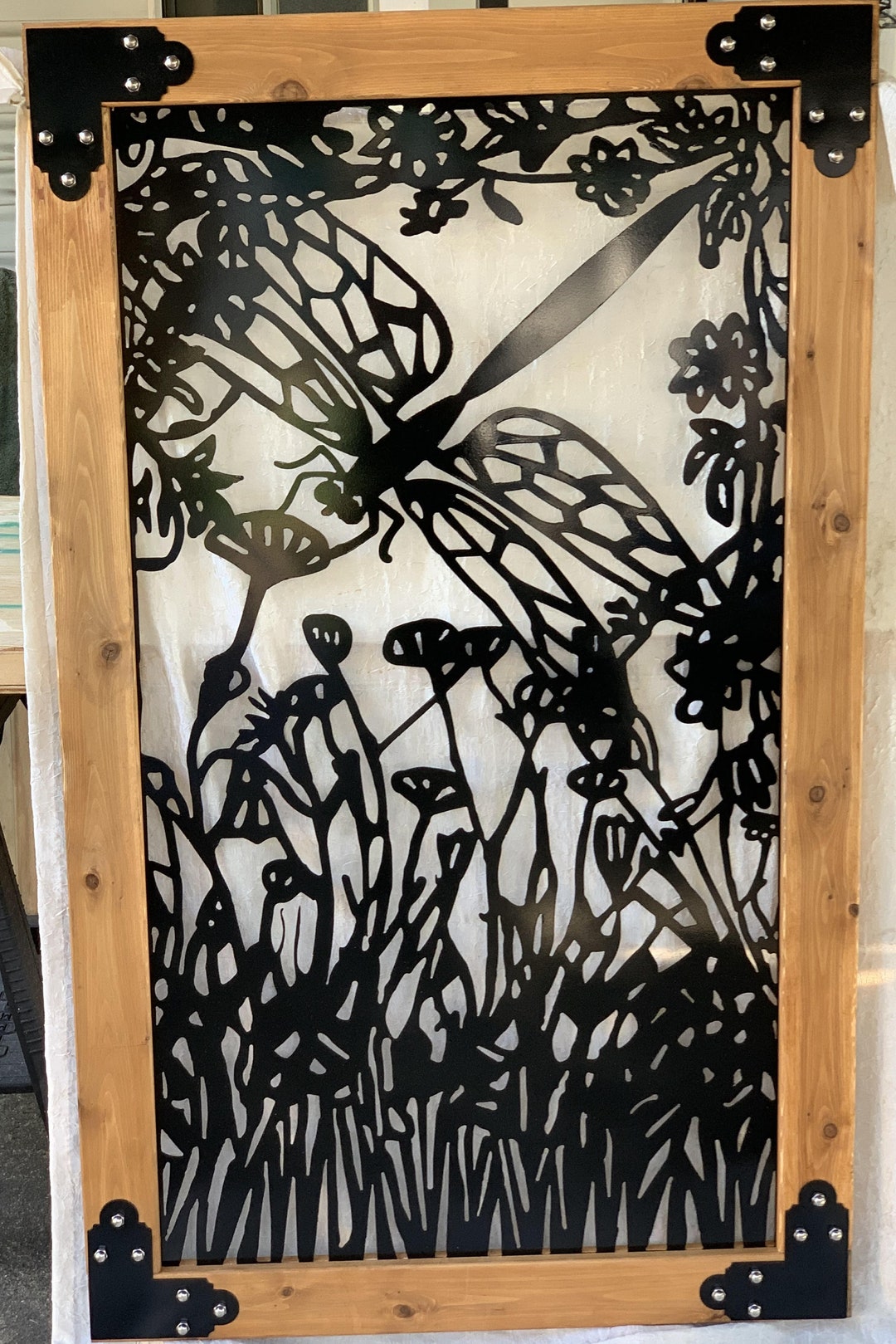 Decorative Metal Garden Gate: Dragonfly Privacy Screen, Wood Frame