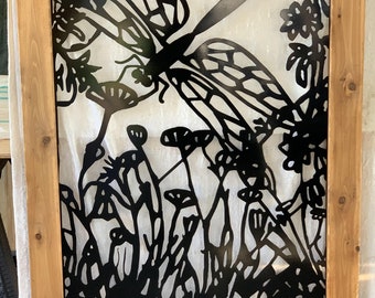 Decorative Metal Garden Gate: Dragonfly Privacy Screen, Wood Frame
