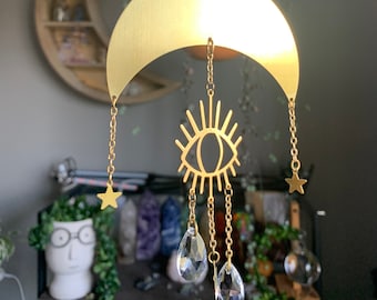 Metal crescent Moon and evil eye with glass crystal tears Mobile wall hanging- Lunar phase with evil eye glass tears. Eclectic home decor
