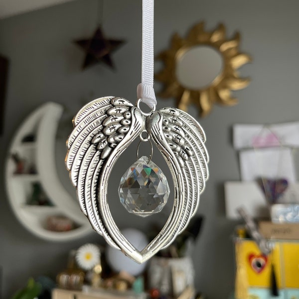 Angel sun catcher ornament hanging decor- metal Angel wing with prism glass ball sun catcher, or tree ornament