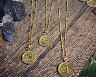 Zodiac necklace- gold plated brass chain and brass charm