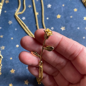 Peut inclure: Un collier avec un pendentif en forme de rose dor&eacute;e et une cha&icirc;ne d&eacute;licate. La rose est orn&eacute;e de feuilles et d'une tige.
