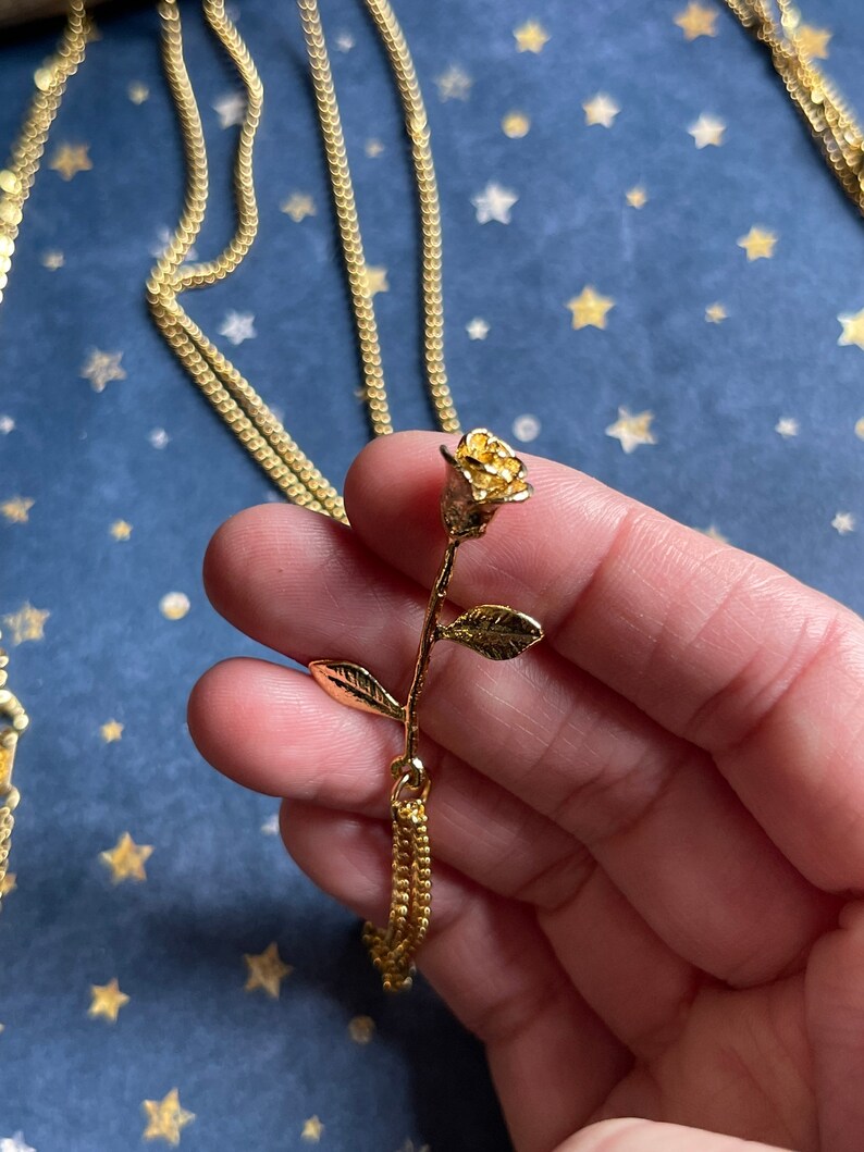 Peut inclure: Un collier avec un pendentif en forme de rose dor&eacute;e et une cha&icirc;ne d&eacute;licate. La rose est orn&eacute;e de feuilles et d'une tige.