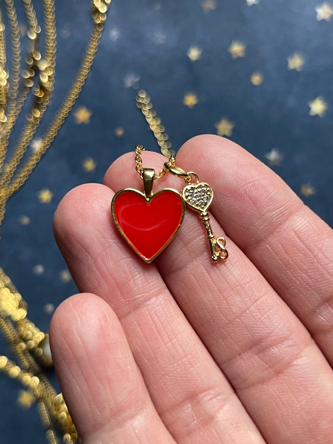 Gold heart and key necklace set best sale