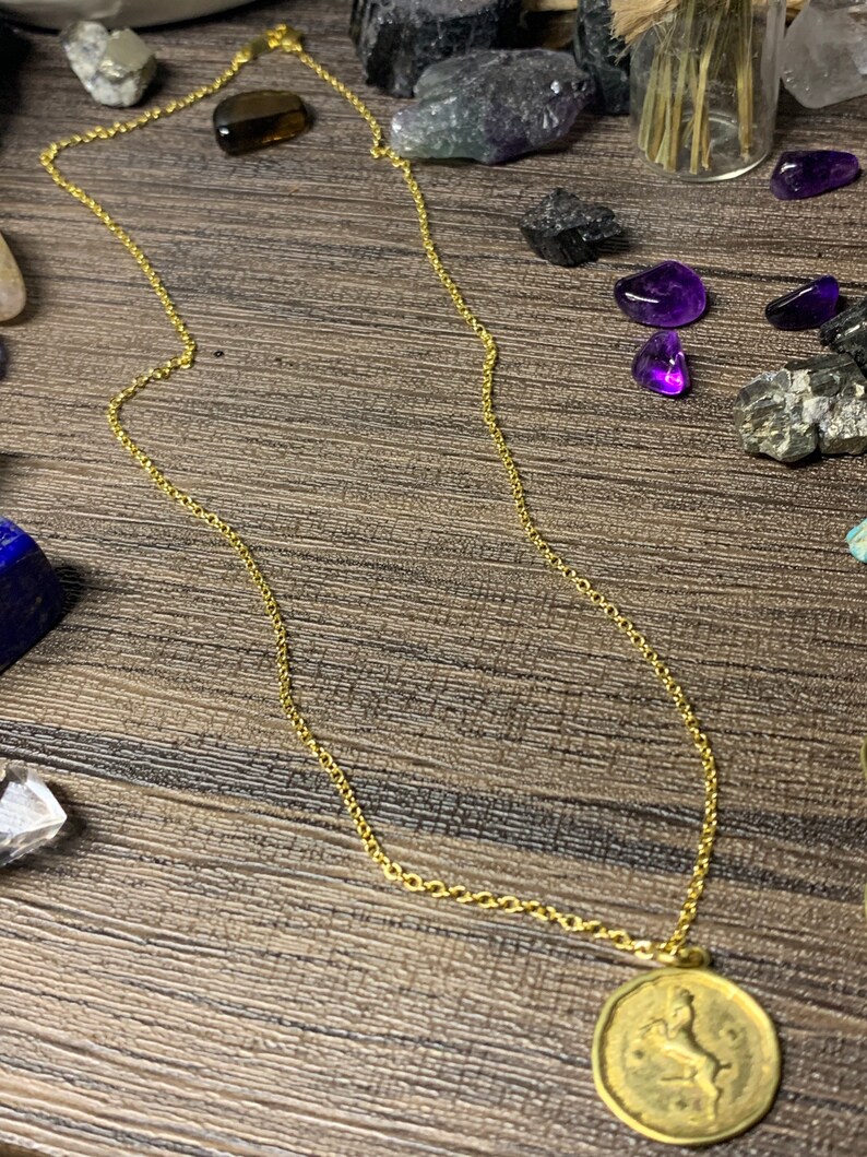May include: A gold chain necklace with a round pendant featuring a stylized image of a horse. The pendant is on a wooden surface with various crystals and stones.
