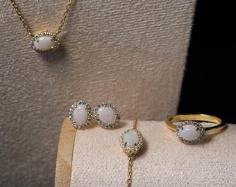 925 Silver Förgyllda Vit Opal Smycken - Set med 4 delar