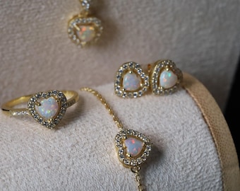 925 Silver Förgyllda Vit Opal Smycken - Set med 4 delar