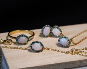 925 Silver Förgyllda Vit Opal Smycken - Set med 4 delar