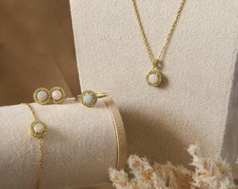 925 Silver Förgyllda Vit Opal Smycken - Set med 4 delar