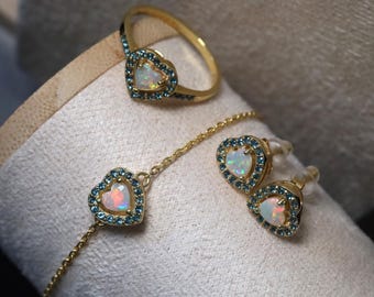 925 Silver Förgyllda Vit Opal Smycken - Set med 4 delar