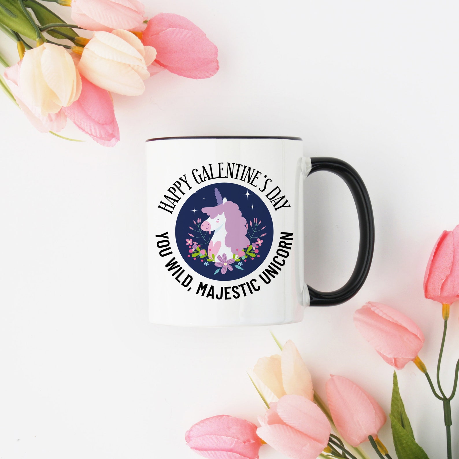 Happy Galentines Day Black Handle Mug Unicorn Black Rims