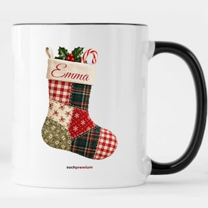 Christmas Accent Mug, Personalized Patchwork Stocking Coffee Mug with Name, Quilt Christmas Gift for Her, Colored Handle Mug