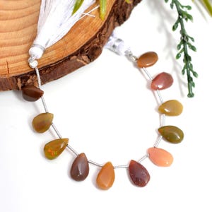 Puede incluir: Hebras de cuentas de piedras preciosas en forma de lágrima en tonos marrón, naranja y amarillo. Las cuentas están ensartadas en un alambre plateado y se exhiben sobre una superficie blanca. Borlas blancas y vegetación son visibles en el fondo.