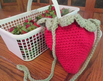 Crochet Strawberry Drawstring Shoulder or Crossbody Satchel
