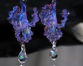 Handmade Lampwork Iris Earrings, Opal Drop, Sterling Silver Hooks, Glass Flower Statement, handcraft earrings