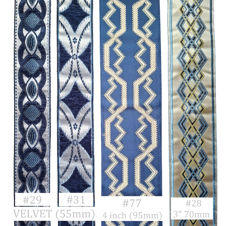 May include: Close-up of four decorative ribbons with intricate patterns. The ribbons feature designs in shades of blue, silver, and gold. The widths vary, with one labeled as 4 inches (95mm). The text includes the numbers #29, #31, #77, and #28.