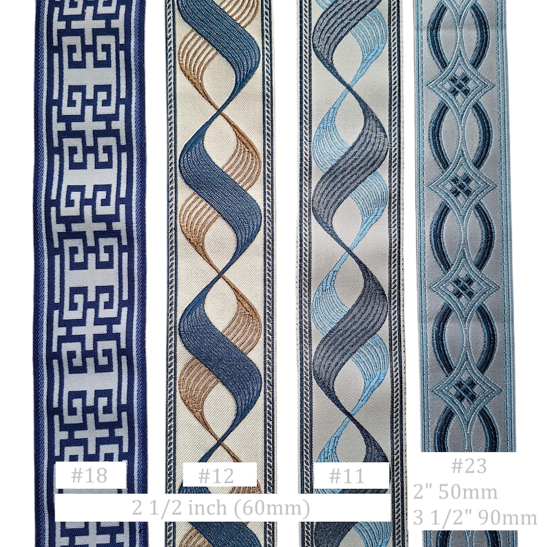 May include: A selection of decorative ribbons in various designs and colors. The ribbons include geometric patterns, swirling designs, and embroidered details. Measurements are provided in inches and millimeters.