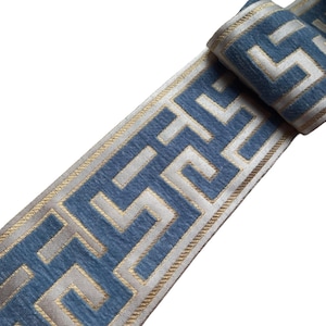 drapery trim blue greek key for curtain, fabric trimming ribbon for border by the yard, 3 1/2 inch 90mm upholstery decorative velvet trim