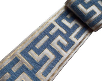 drapery trim blue greek key for curtain, fabric trimming ribbon for border by the yard, 3 1/2 inch 90mm upholstery decorative velvet trim