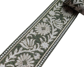 Green Floral Trim 2 1/2 Inch, Curtain Drapery Fabric Ribbon Tape