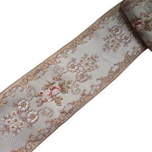 floral jacquard ribbon trim beige tan 3 1/2 inch 90mm, french vintage embroidered flower jaquard woven ribbon for costumes and sewing