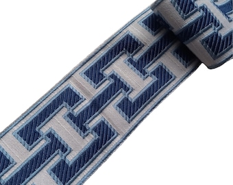 curtain trim oslo blue for drapery, fabric trimming ribbon tape geometric 2 1/2 inch 60mm for border by the yard, upholstery decorative trim