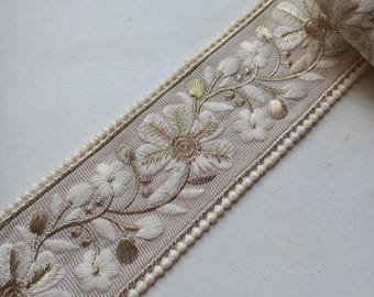 Beige Floral Embroidered Curtain Trim: 2.5 Inch Designer Drapery Fabric Ribbon