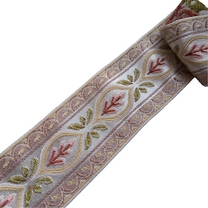 floral vintage jacquard ribbon flowers 2 1/2 inch 60mm, french floral jaquard woven trim pink beige ribbon for costumes and sewing
