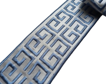 drapery trim light blue for curtain, fabric embroidery trimming greek tile ribbon border by the yard, upholstery decorative trim 2 3/4&quot; 70mm