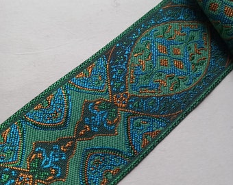 Jacquard Ribbon Trim: Emerald Green Moss, Renaissance Style - 2 inch Wide