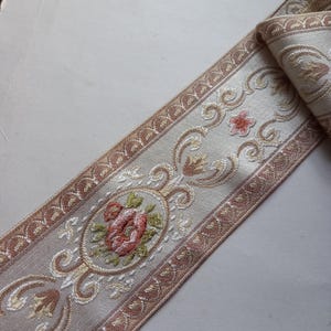 tapestry jacquard floral 3 1/2 inch ribbon pink, vintage art deco jacuard 90mm embroidered flower woven beige trim for costumes sewing