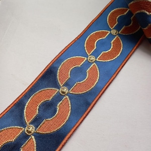 Stoffbordüre blau orange Kreise, Möbelstoff Besatz, Dekoband Raffdekor, 65 mm lang