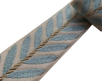 curtain fabric light blue leaves trim tape for drapery yard, designer embroidery drape edging border ribbon trimming of roman shade 2&quot; 50mm