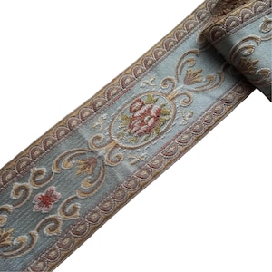 floral jacquard ribbon trim 3 1/2 inch 90mm, french vintage embroidered flower jaquard woven blue pink ribbon for costumes and sewing