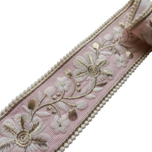 pink floral curtain trim for drapery by the yard, 2 1/2 inch 60mm embroidered designer fabric decorative edging ribbon tape trimming