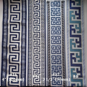 May include: Close-up of four decorative fabric trims with geometric patterns. The trims feature Greek key and square designs in shades of blue, white, and teal. Measurements are provided in inches and millimeters.