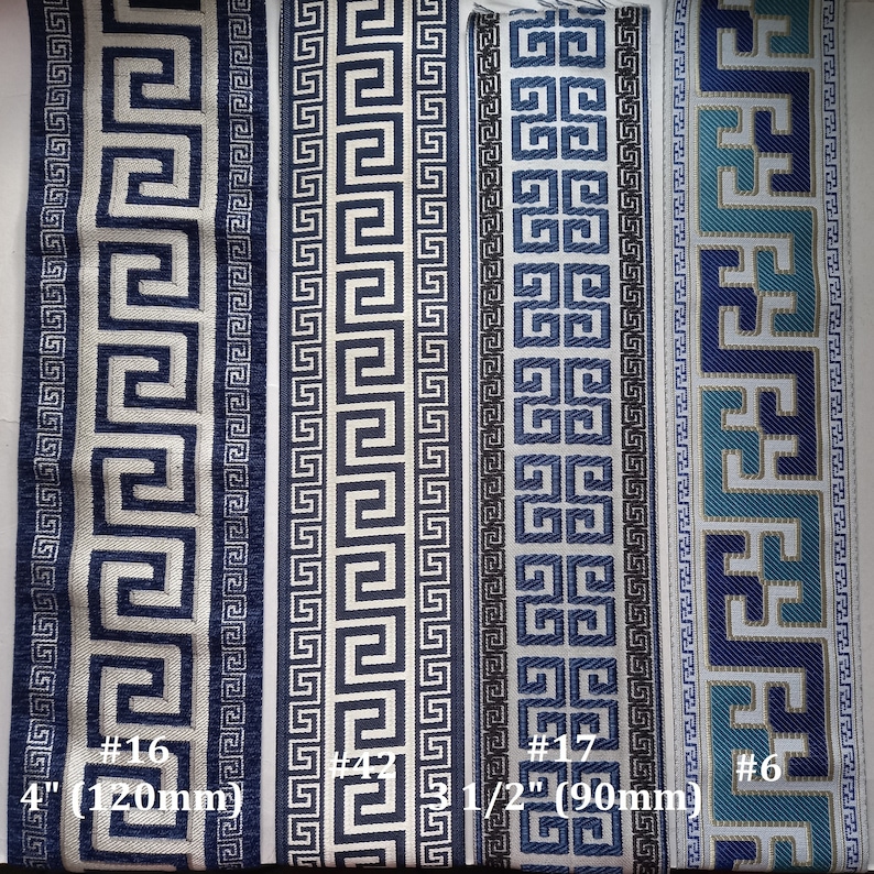 May include: Close-up of four decorative fabric trims with geometric patterns. The trims feature Greek key and square designs in shades of blue, white, and teal. Measurements are provided in inches and millimeters.