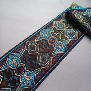 3 1/2” wide rennisance jacquard blue ribbon for sewing, decorative woven jacquard renaissance fabric trim, antique vintage clothing deco